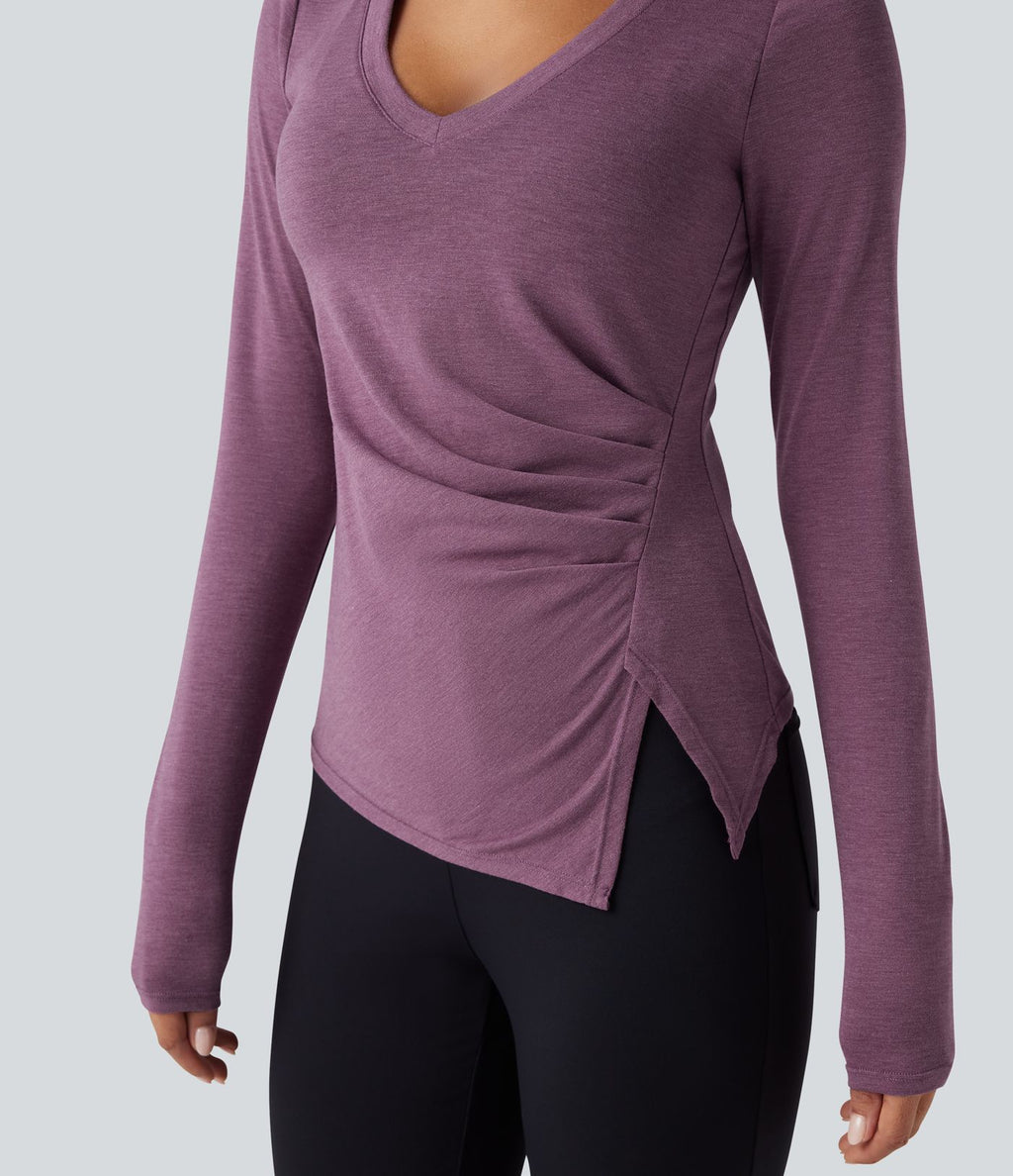 Top casual push-up à col V avec bonnets moulés, manches longues, fronces et ourlet fendu - Bonnet A/B