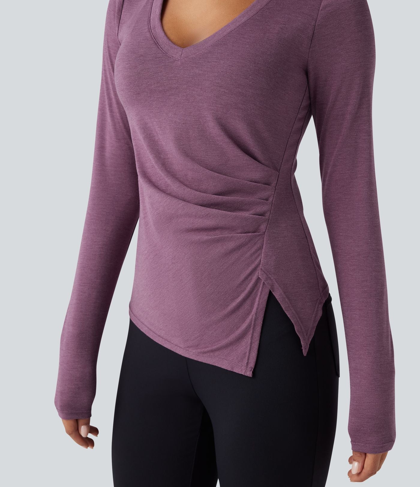 Top casual push-up à col V avec bonnets moulés, manches longues, fronces et ourlet fendu - Bonnet A/B