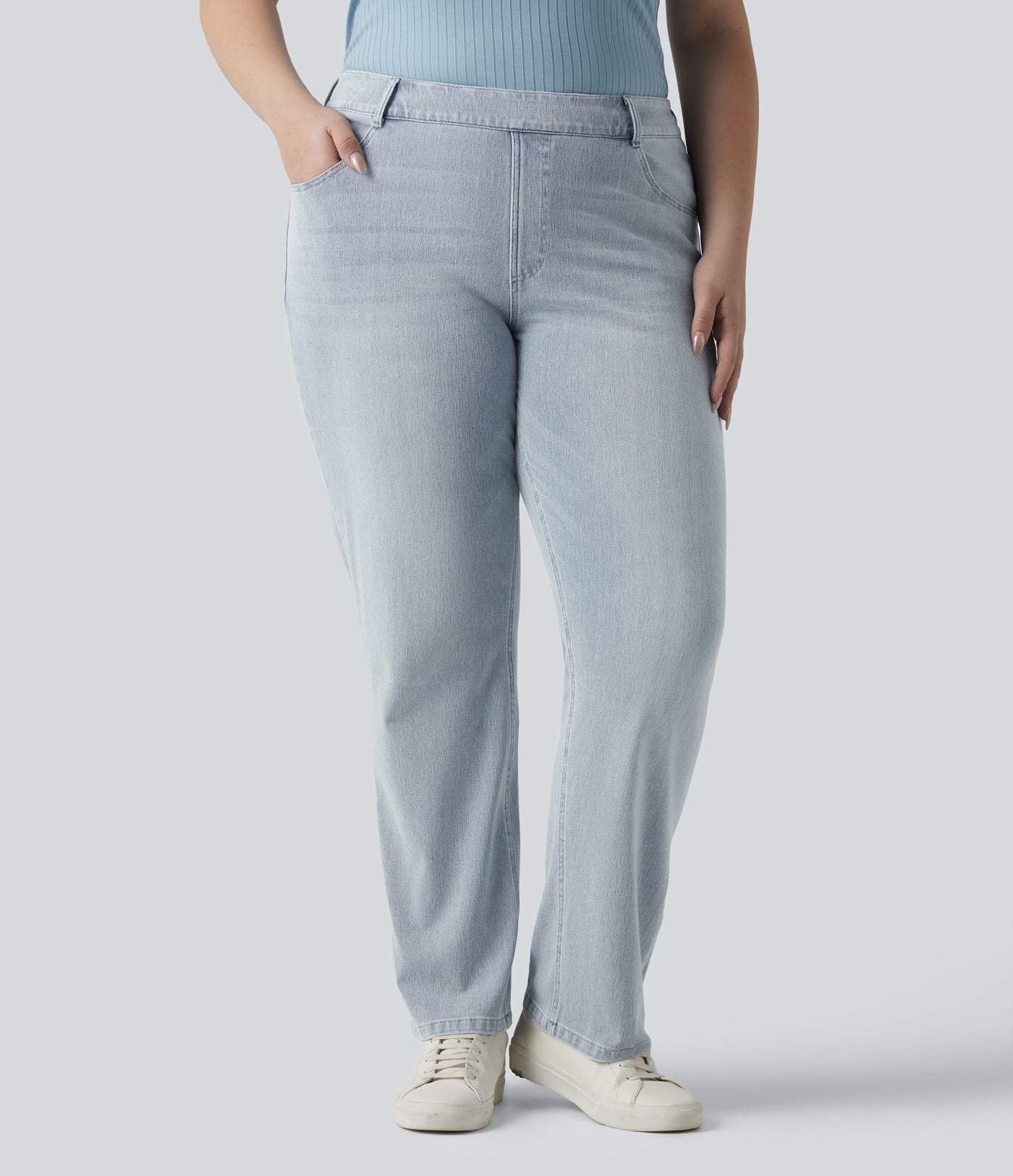 Jean décontracté Halara Flex™ grande taille, taille haute, multiples poches, jambes droites, effet délavé, en maille extensible