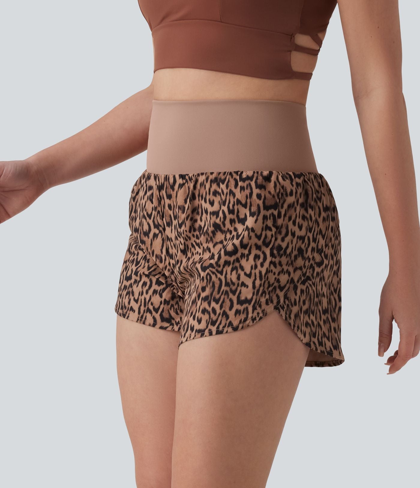 Short de running 2-en-1 taille haute imprimé léopard 7,5 cm avec poche