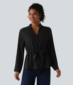 Chemise effet lin esprit bureau à revers, manches retroussées et lien à nouer