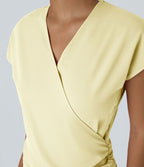 Blouse Travail Unie Froncée Croisée Manches Courtes Col en V