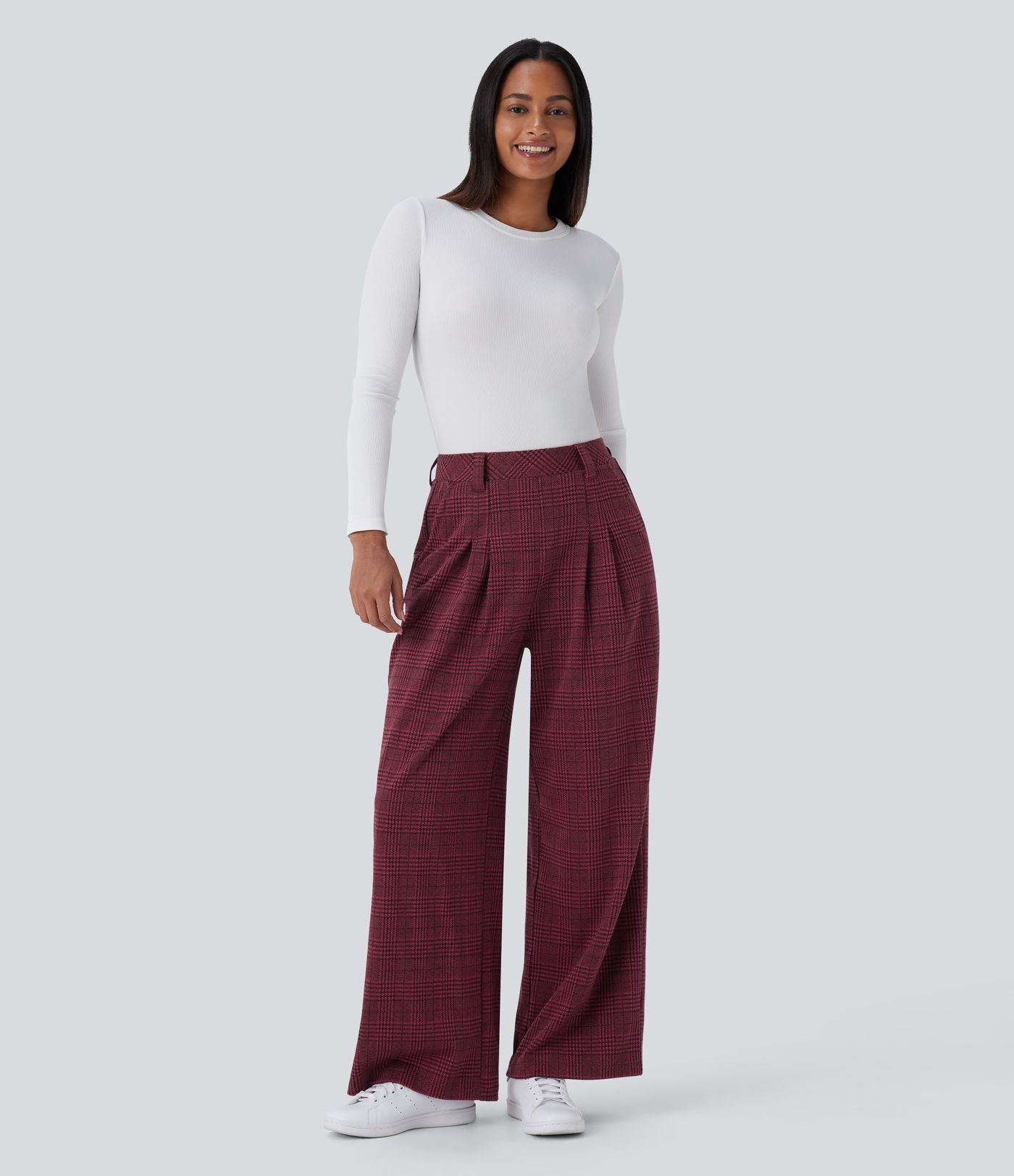 Pantalon taille haute décontracté large à carreaux, avec poches