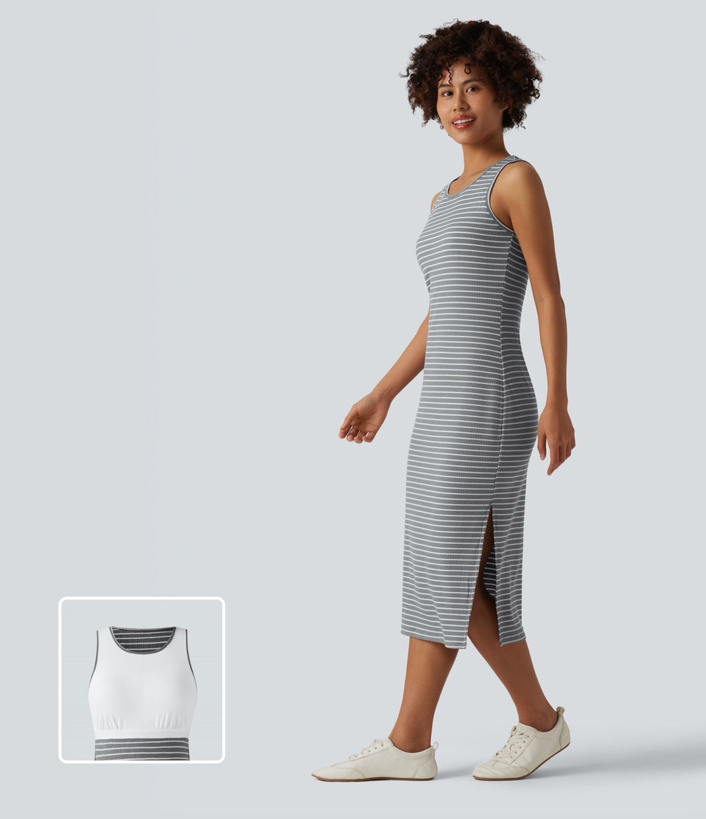 Robe midi moulante casual col rond sans manches à rayures