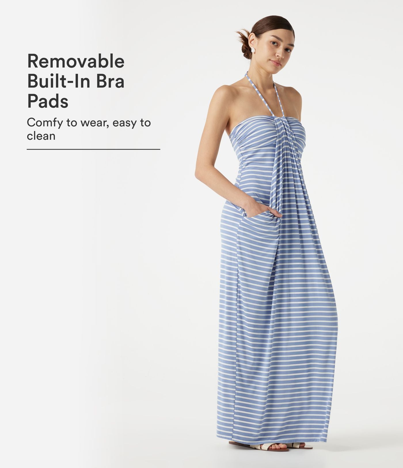 Robe maxi de plage à rayures col halter avec brassière intégrée, lien noué au dos et poches