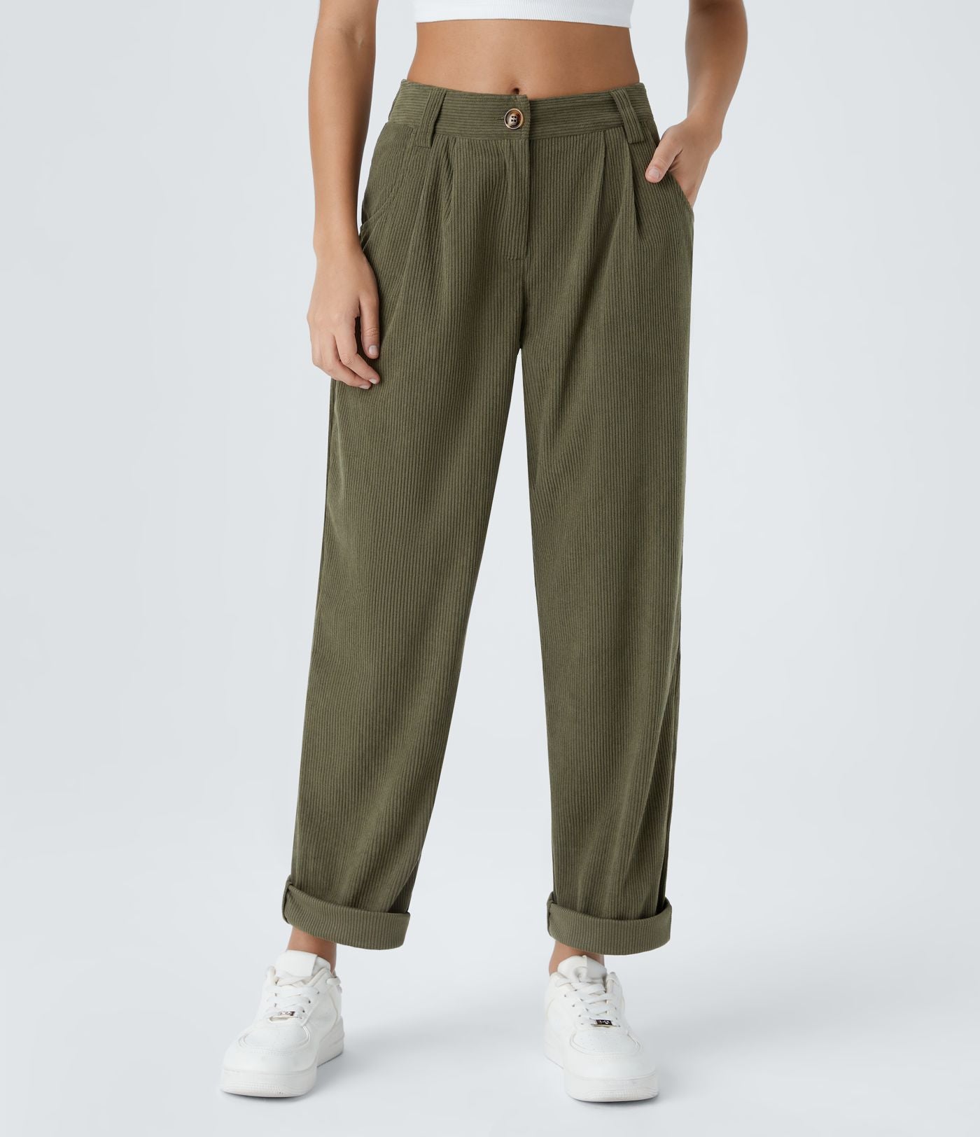 Pantalon en velours côtelé décontracté taille moyenne avec poches latérales