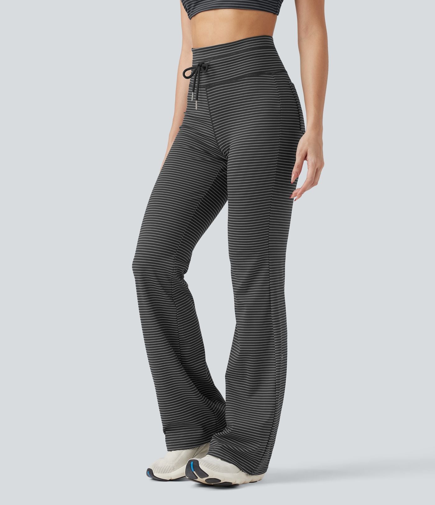 Pantalon de yoga évasé à rayures, taille haute, cordon et poches