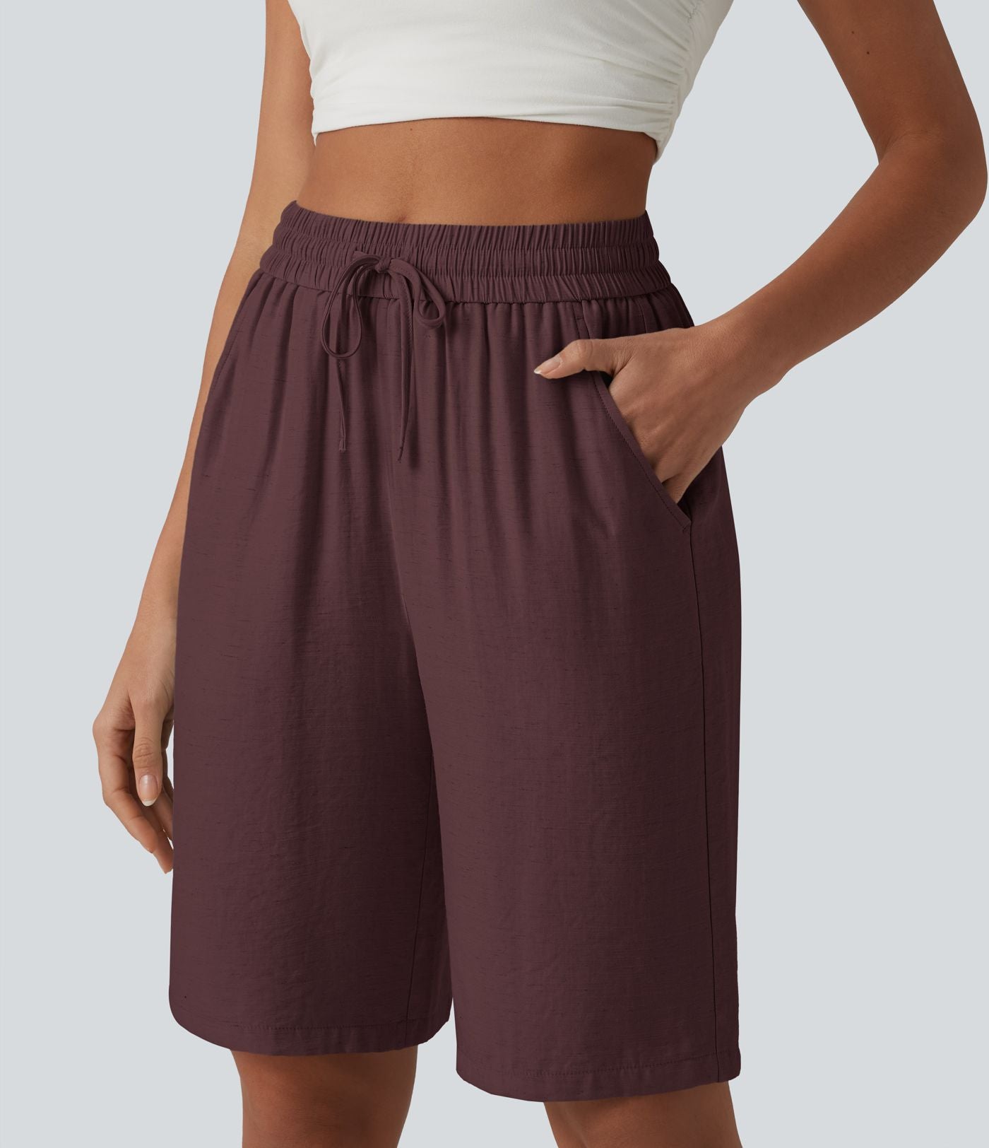 Short décontracté taille haute en lin mélangé avec cordon de serrage et poches, 25 cm