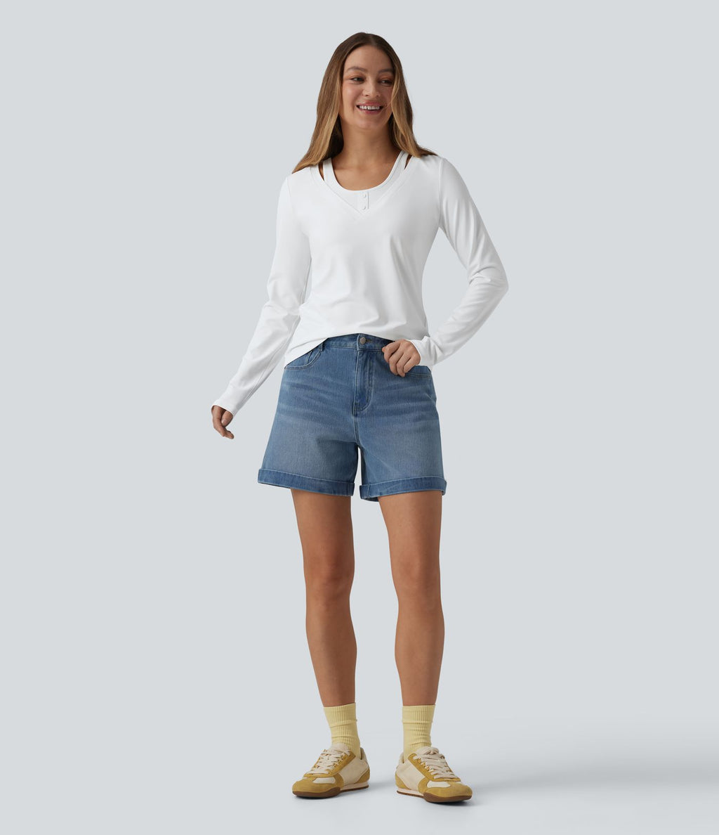 T-shirt casual 2-en-1 col V à manches longues