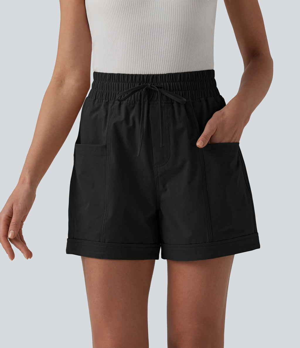 Short casual ample taille mi-haute en popeline extensible à cordon de serrage avec poches
