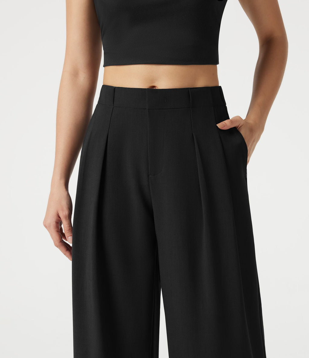 Pantalon casual ample toucher lin taille mi-haute à poches