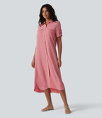 Robe-chemise midi casual à manches courtes aspect lin, ceinturée et avec poches