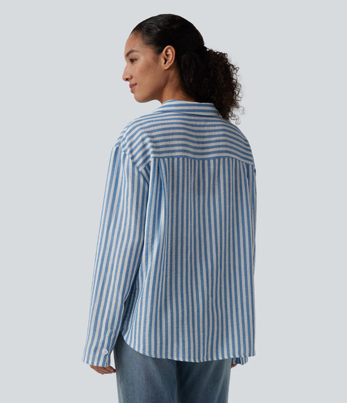 Chemise décontractée rayée col cranté manches longues aspect lin avec poche