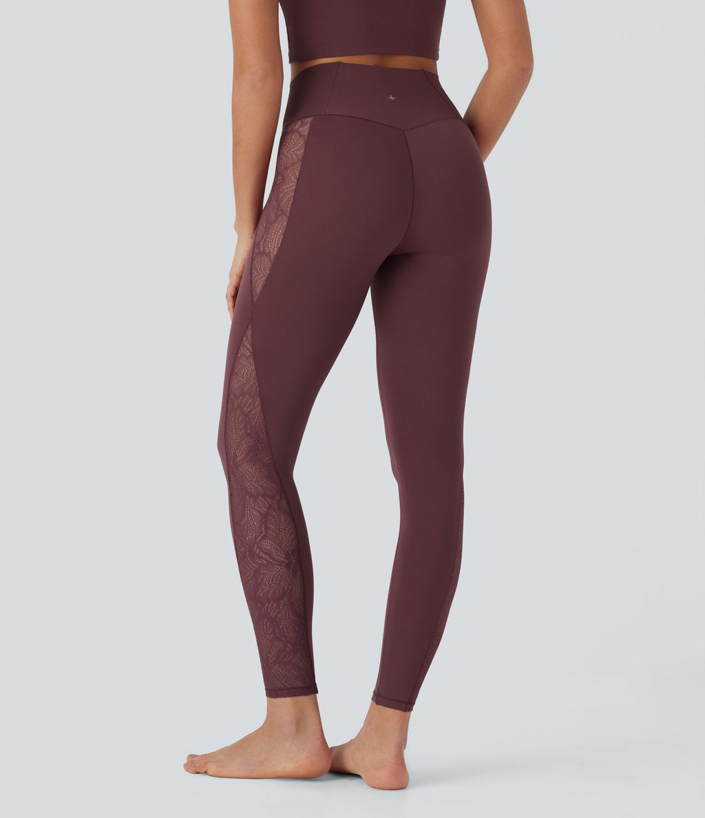 Softlyzero™ Legging Yoga 7/8 Taille Haute avec Poche au Dos Découpe Croisée et Dentelle Contrastante