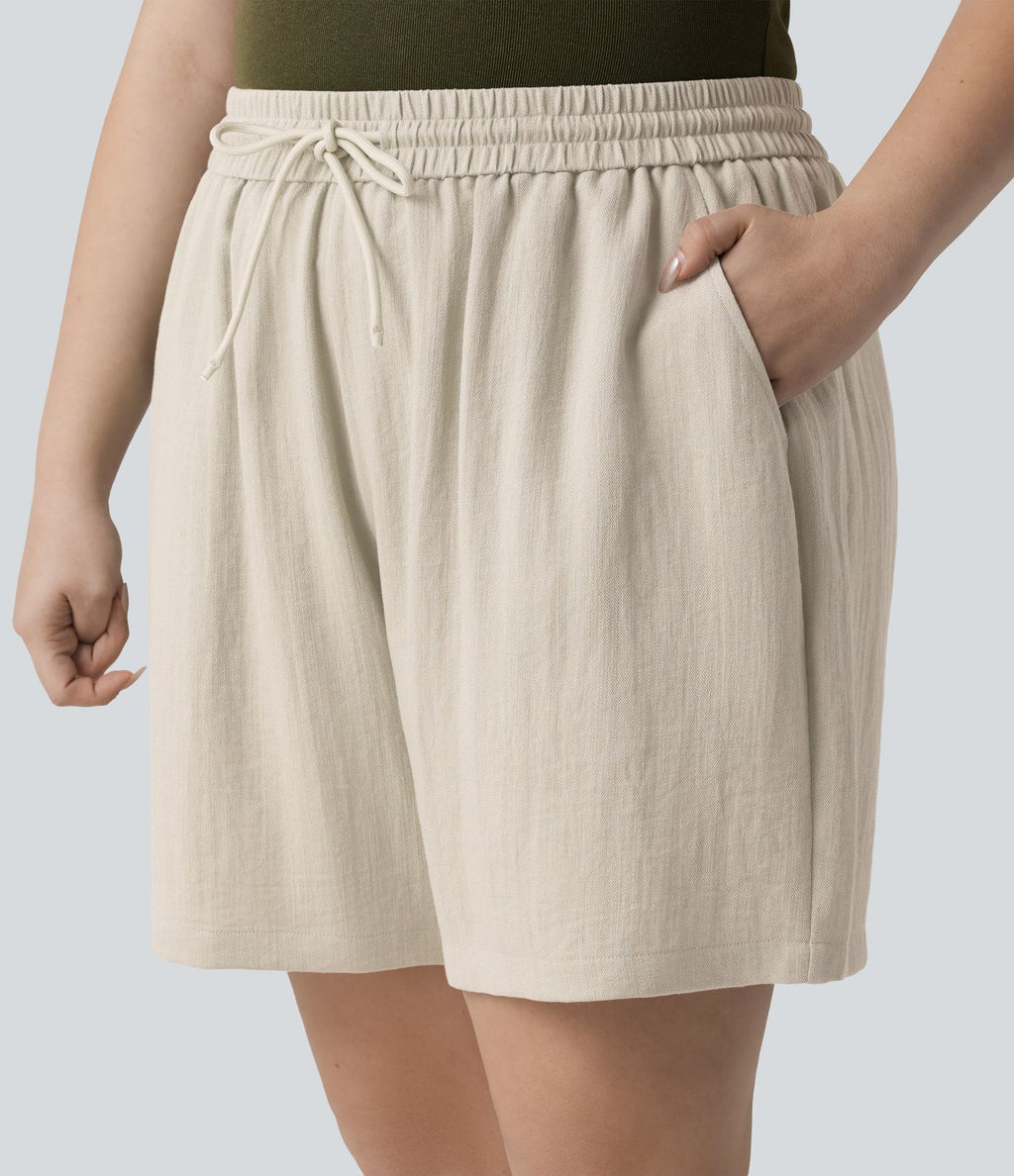 Short casual aspect lin grande taille taille haute avec cordon de serrage et poches
