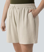 Short casual aspect lin grande taille taille haute avec cordon de serrage et poches