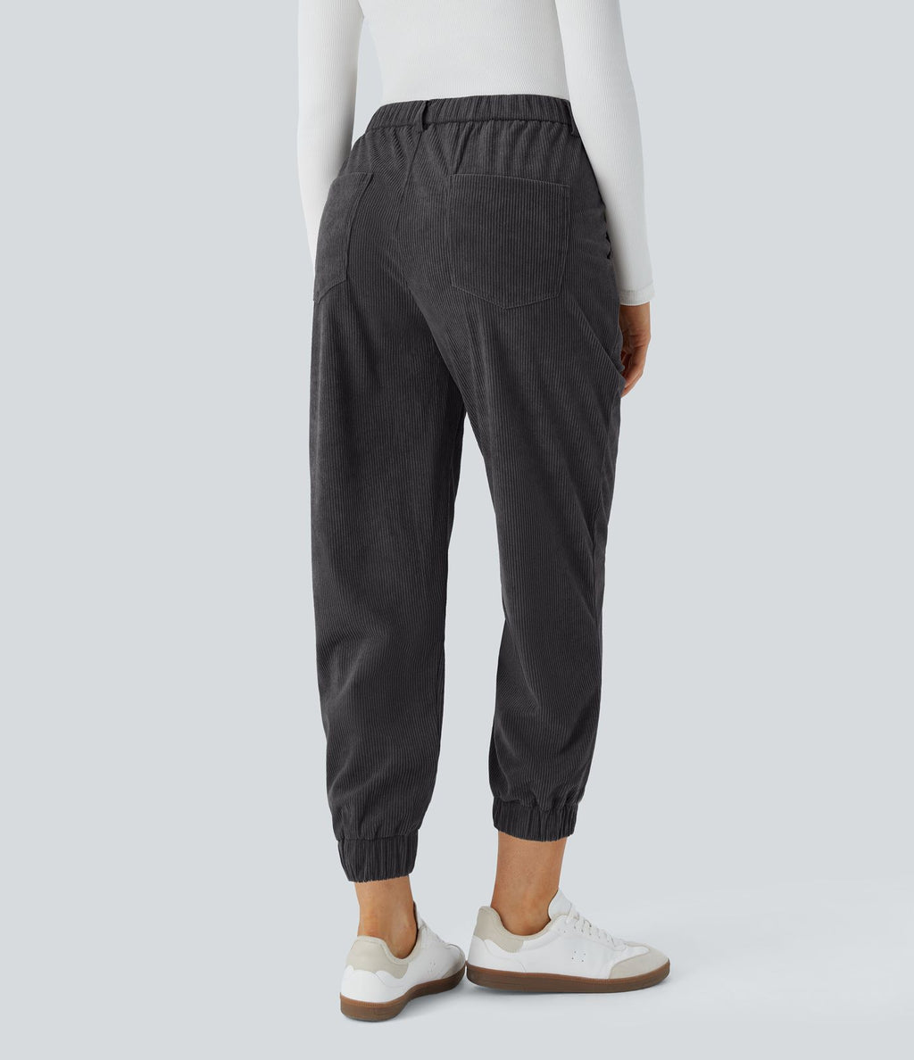Pantalon décontracté en velours côtelé avec taille mi-haute, boutons et fermeture éclair