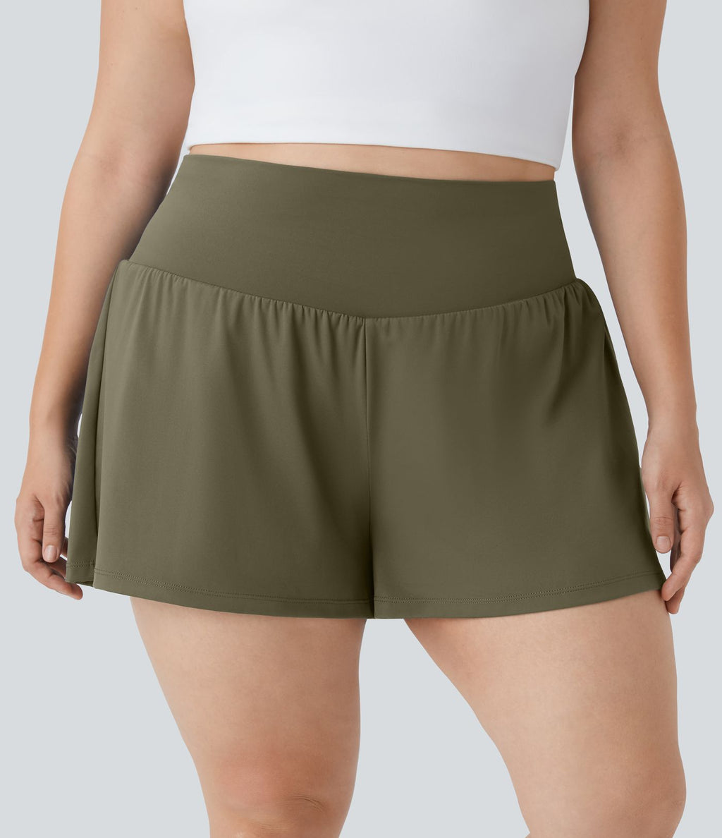 Short Yoga 10cm Plus Longue Taille Ultra Haute 2 en 1 Poche Arrière Poche Cachée Latérale Grande Taille