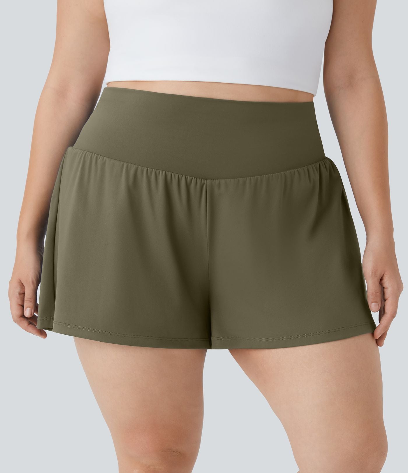 Short Yoga 10cm Plus Longue Taille Ultra Haute 2 en 1 Poche Arrière Poche Cachée Latérale Grande Taille