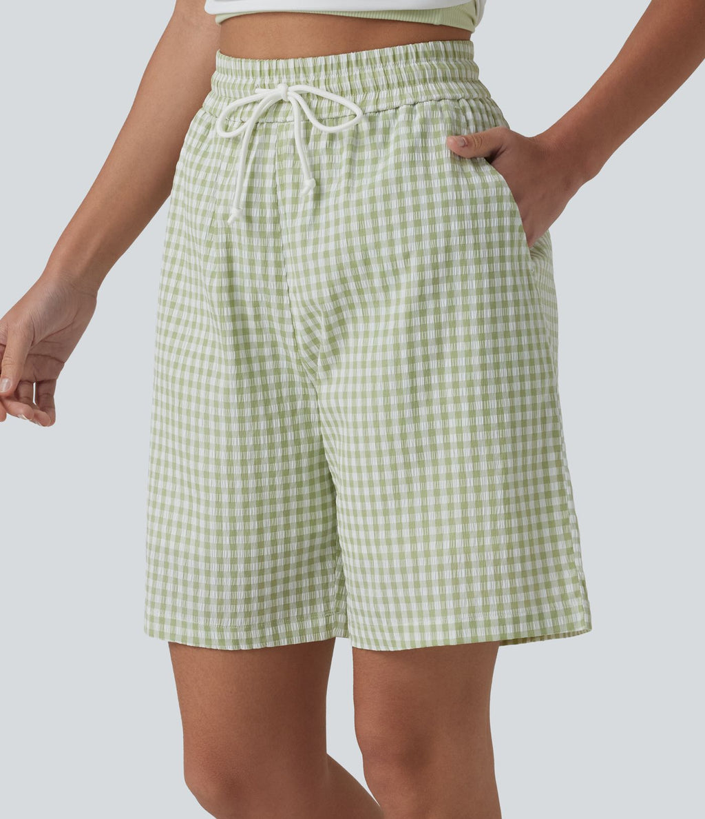 Short ample taille haute à carreaux vichy avec cordon de serrage et poches
