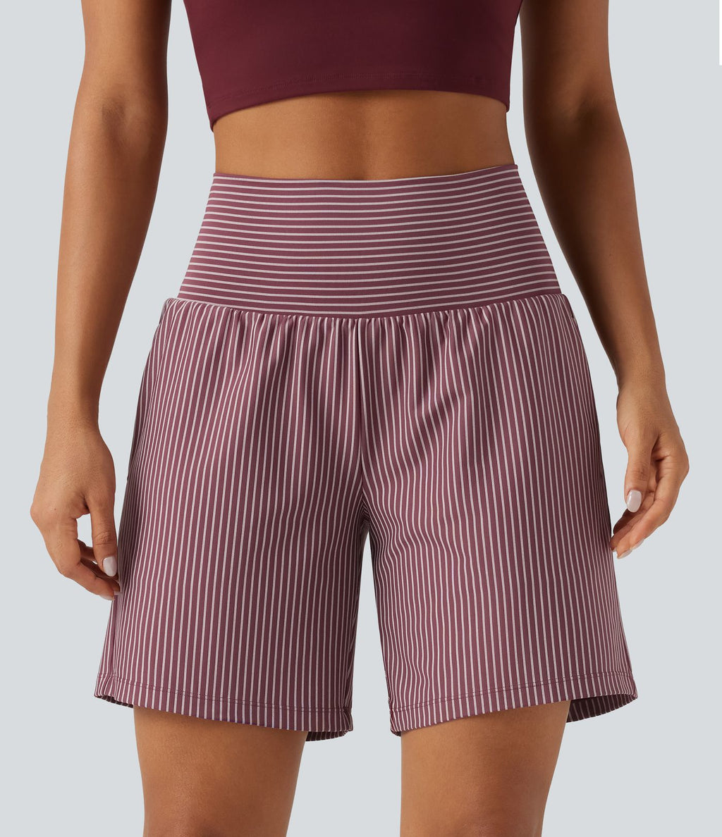 Short yoga 2-en-1 à rayures taille super haute 17,5 cm avec poches
