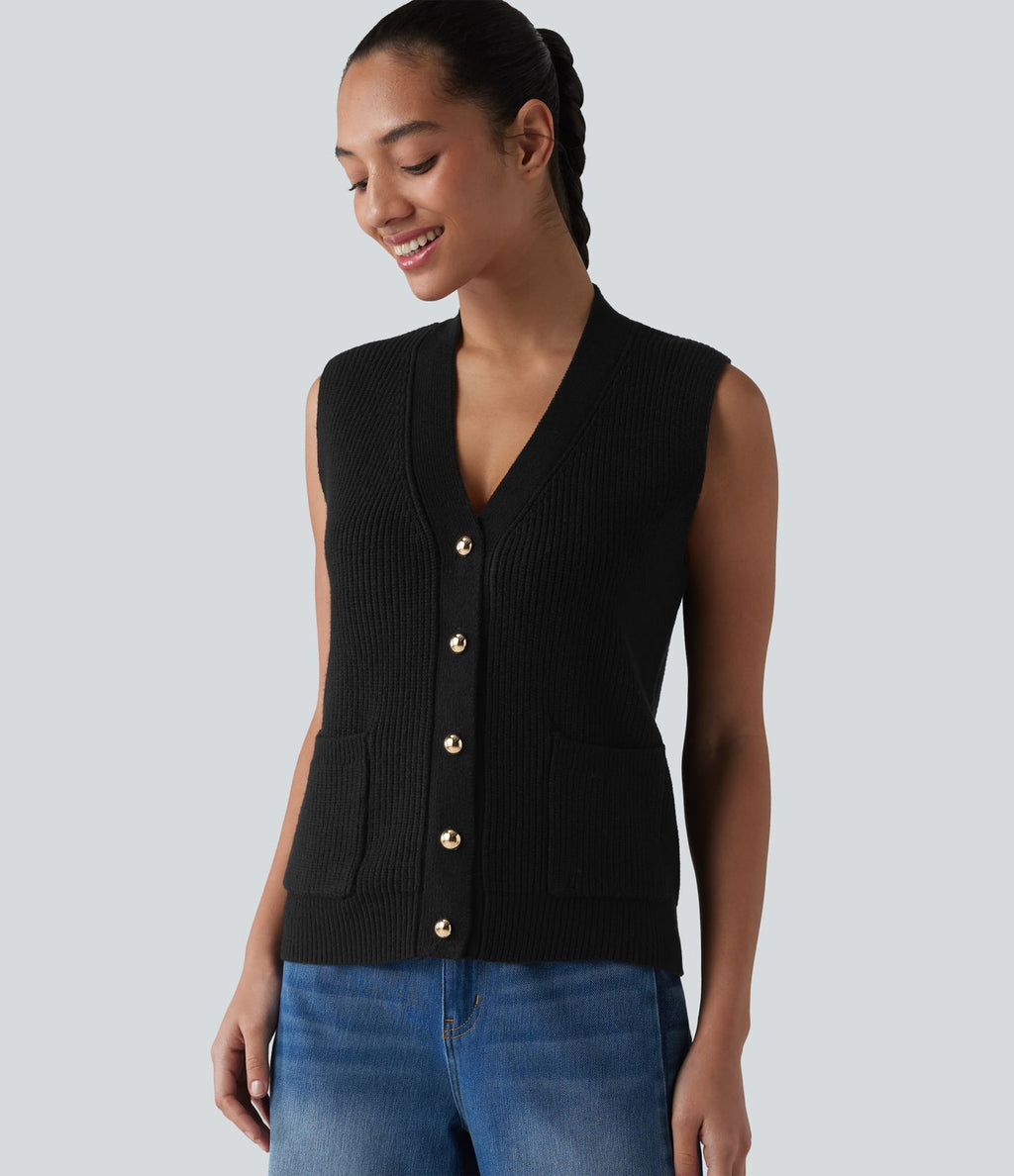 Gilet casual en maille col V boutonné, avec poches