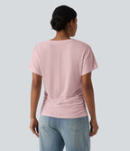 T-shirt décontracté uni à manches courtes, col V et fronces