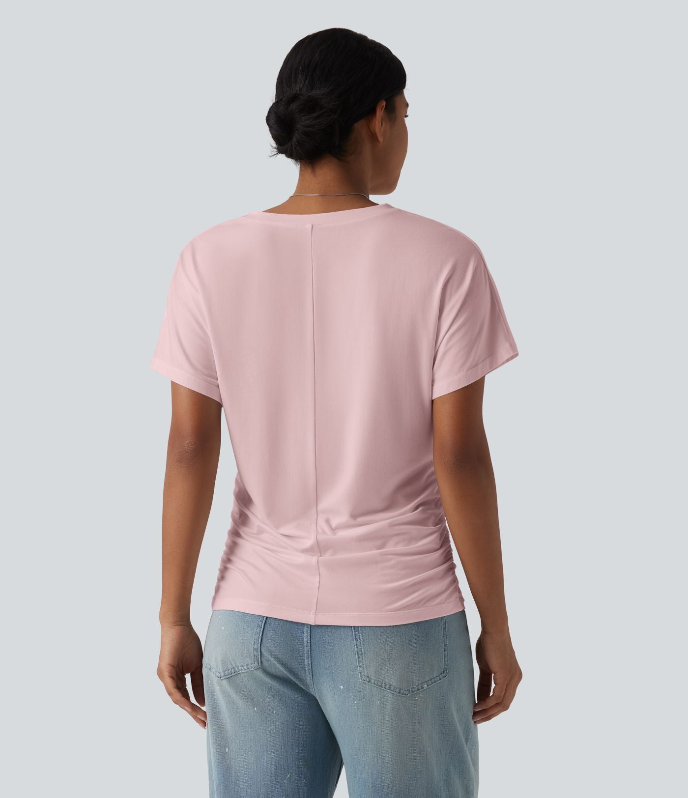 T-shirt décontracté uni à manches courtes, col V et fronces