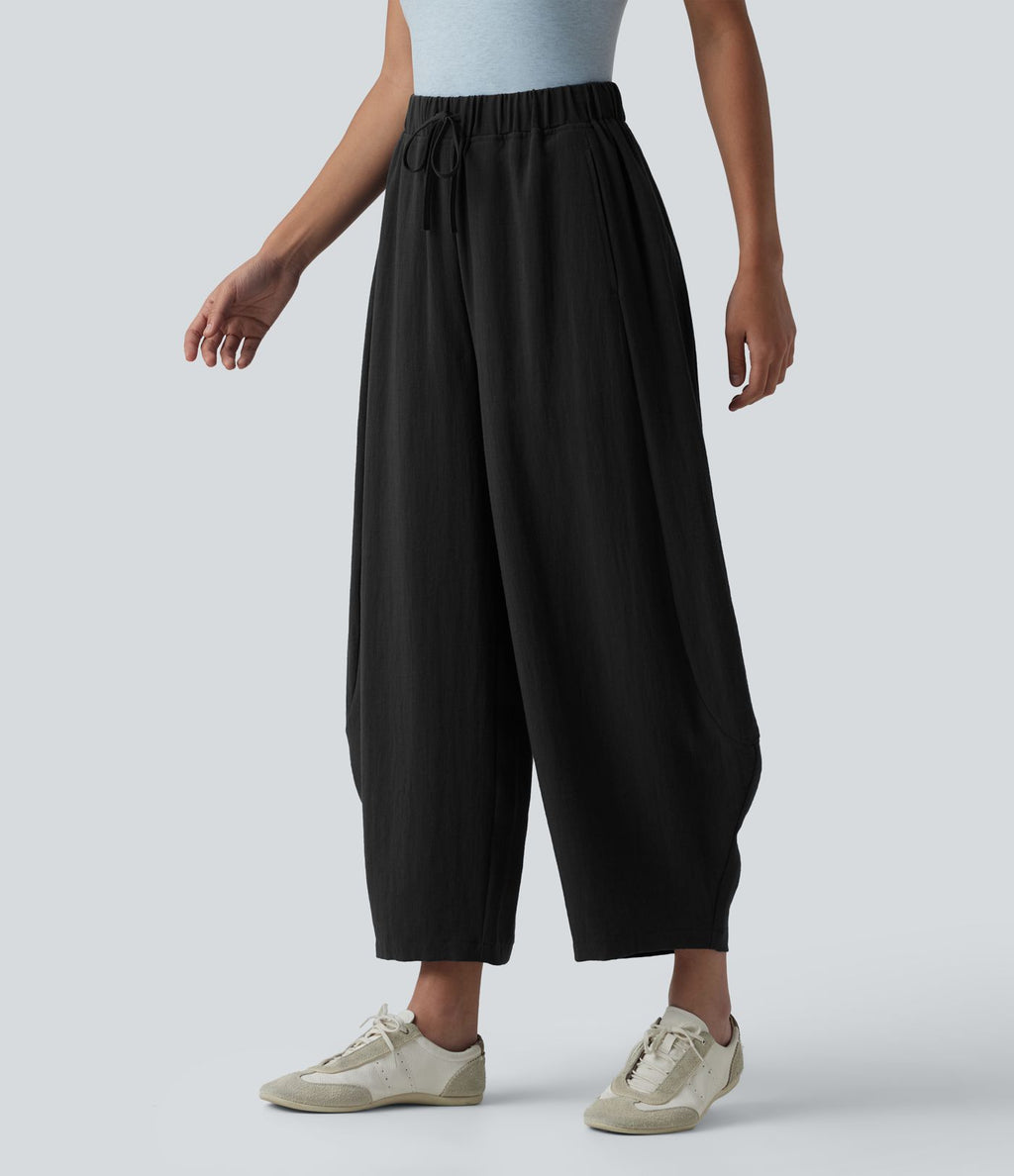 Pantalon décontracté effet lin jambes ballon taille haute avec cordon de serrage et poches