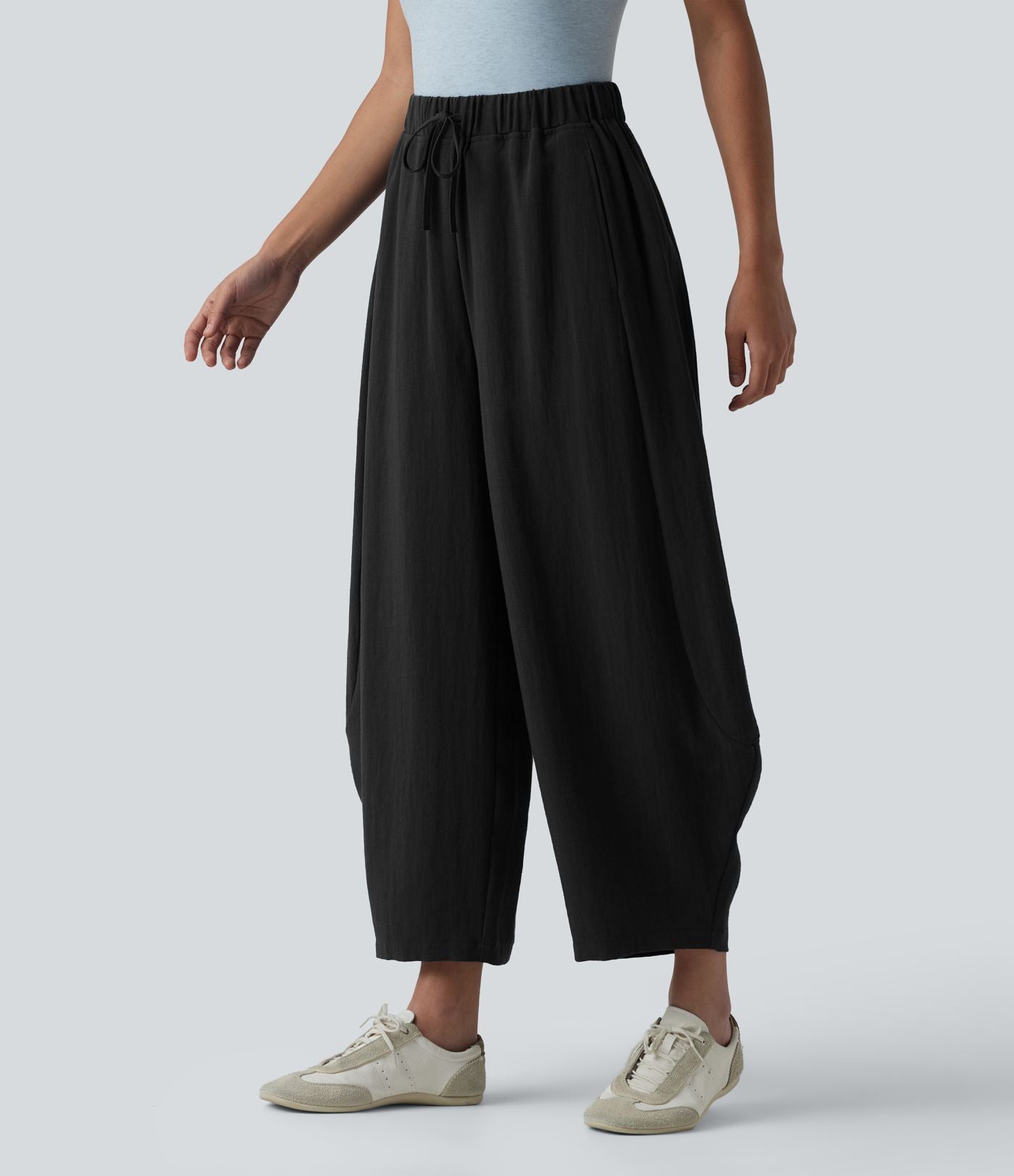 Pantalon décontracté effet lin jambes ballon taille haute avec cordon de serrage et poches