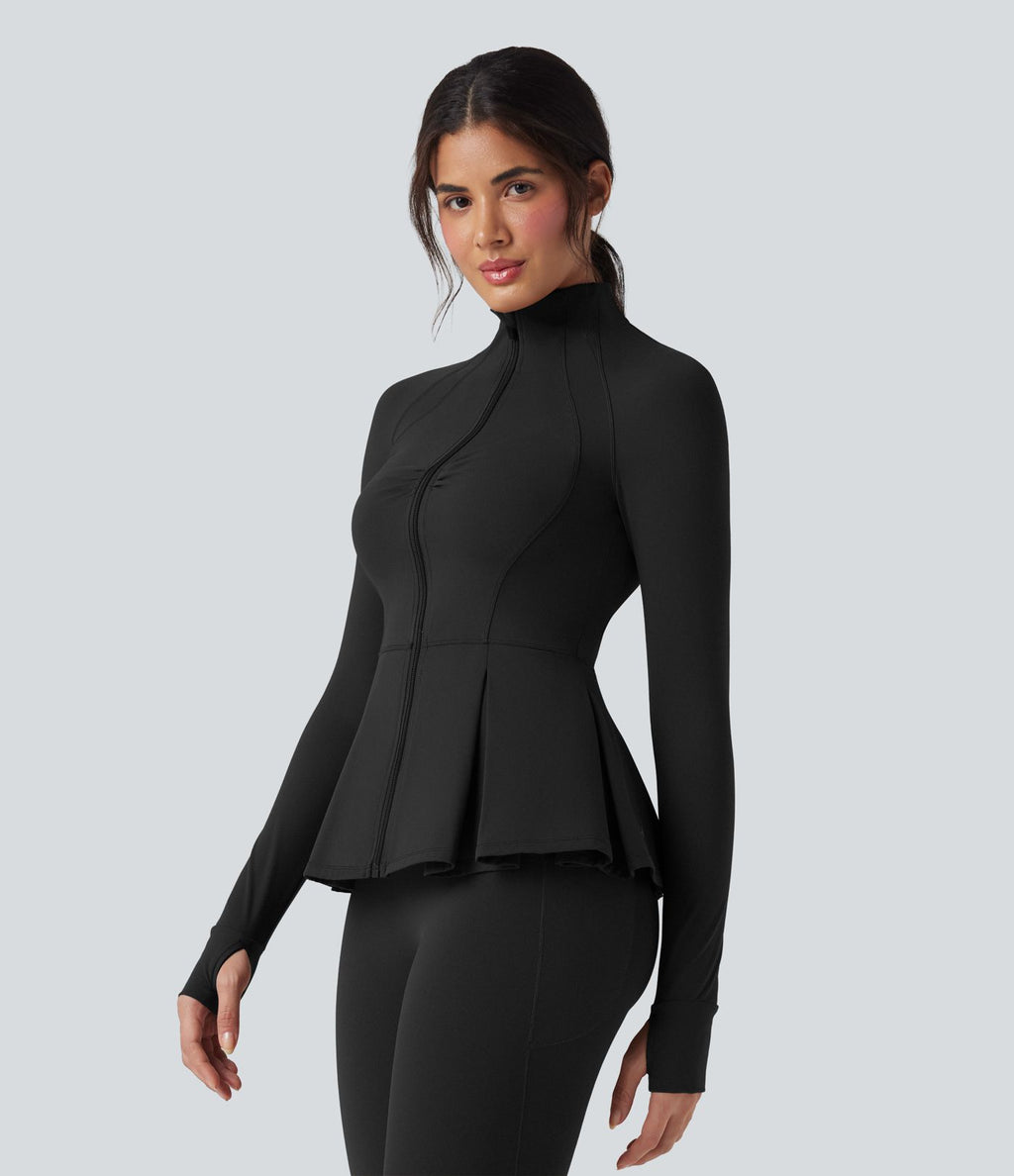 Veste de yoga ajustée SoftlyZero™ Plush col montant à trous pouces froncée ourlet plissé