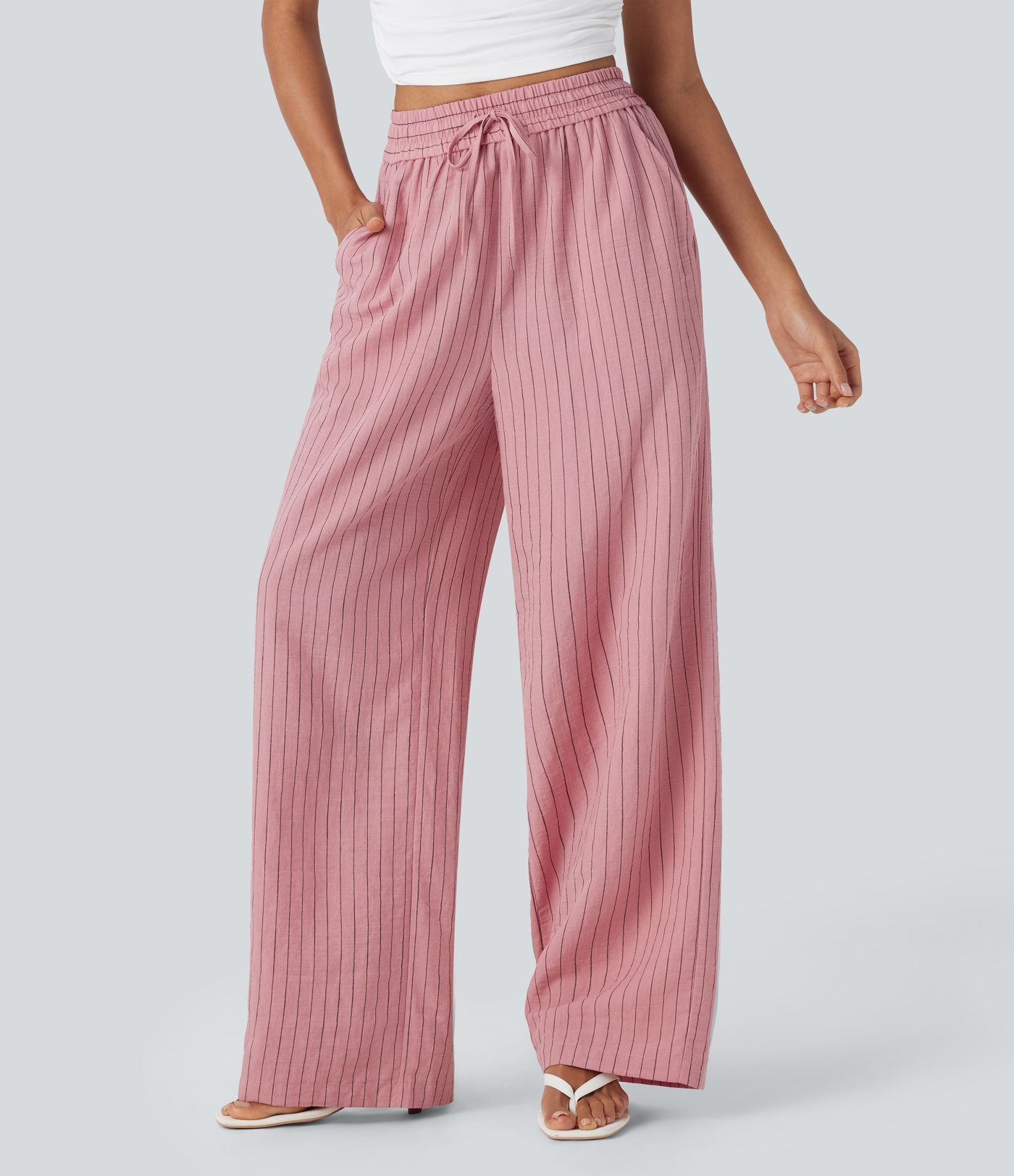 Pantalon large fluide taille haute avec cordon de serrage, rayures, aspect lin et poches latérales