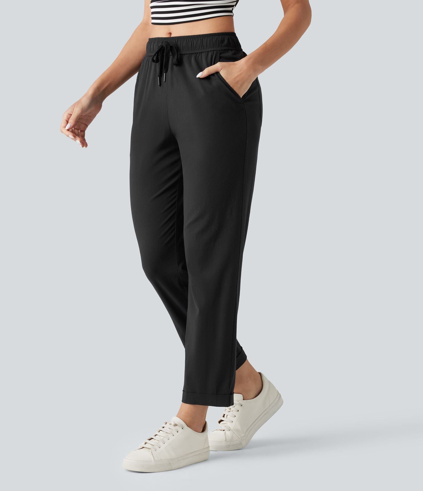 Pantalon ajusté décontracté taille mi-haute avec cordon de serrage, aspect lin extensible et poches