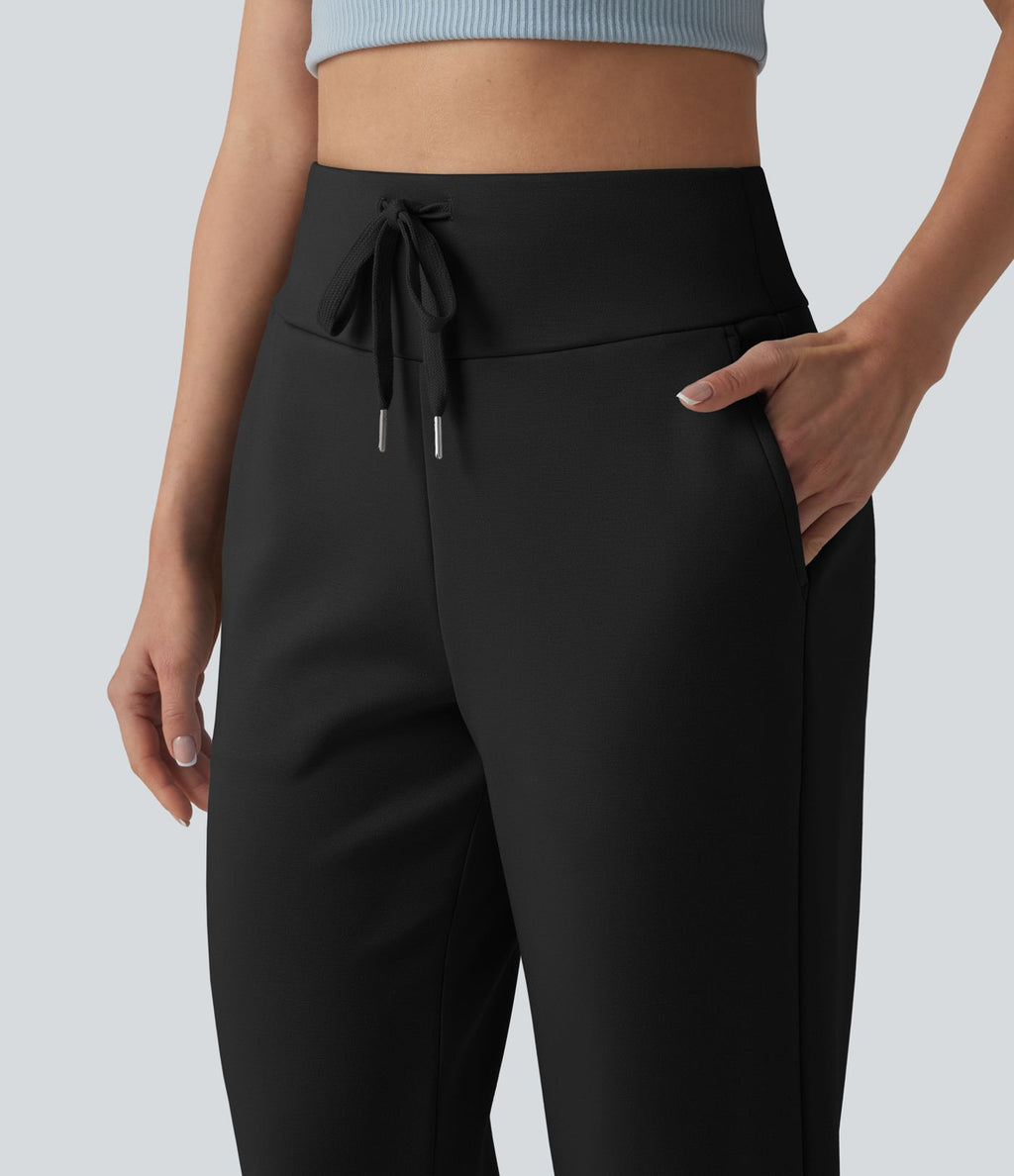 Pantalon Capri décontracté à taille haute, coupe droite, cordon de serrage et poches