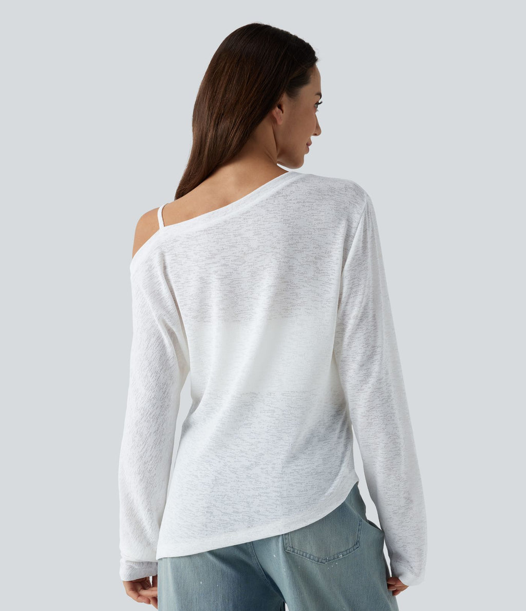 T-shirt décontracté semi-transparent une épaule dénudée à manches longues et ourlet asymétrique