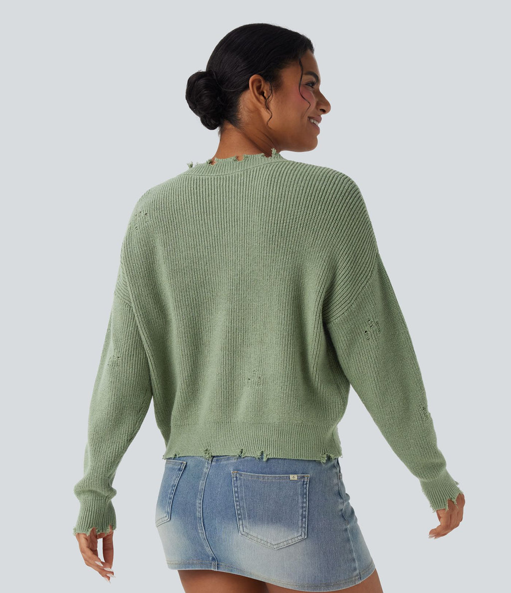 Pull casual col V délavé manches longues