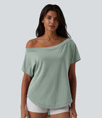 Top de sport yoga asymétrique à épaule dénudée manches courtes ourlet arrondi et coupe asymétrique à séchage rapide – Soutien-gorge intégré