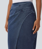 Halara Flex™ Jupe en Jean midi délavé taille haute avec zip dos, effet drapé et ourlet tulipe