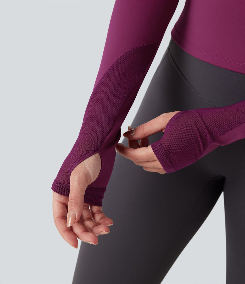 Top de sport yoga SoftlyZero™ Plush dos nu mesh contrastant manches longues avec trous pouces