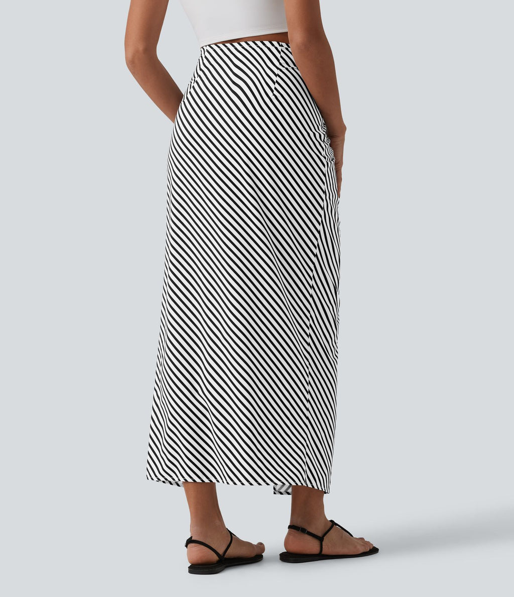 Jupe longue moulante taille mi-haute avec nœud devant et fronces imprimé floral/à rayures