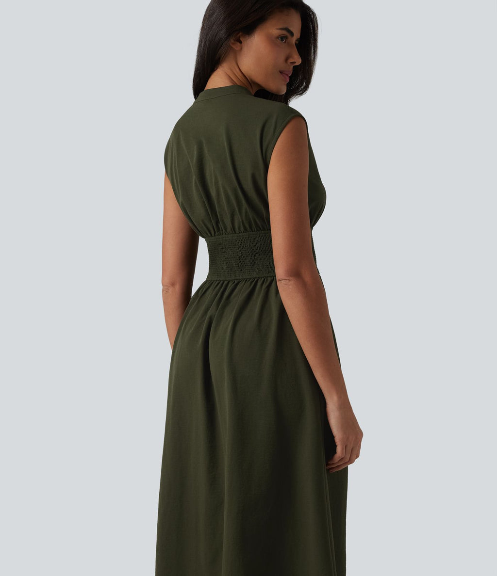 Robe tailleur midi col V sans manches fermeture éclair bidirectionnelle avec poches
