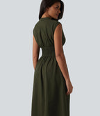 Robe tailleur midi col V sans manches fermeture éclair bidirectionnelle avec poches