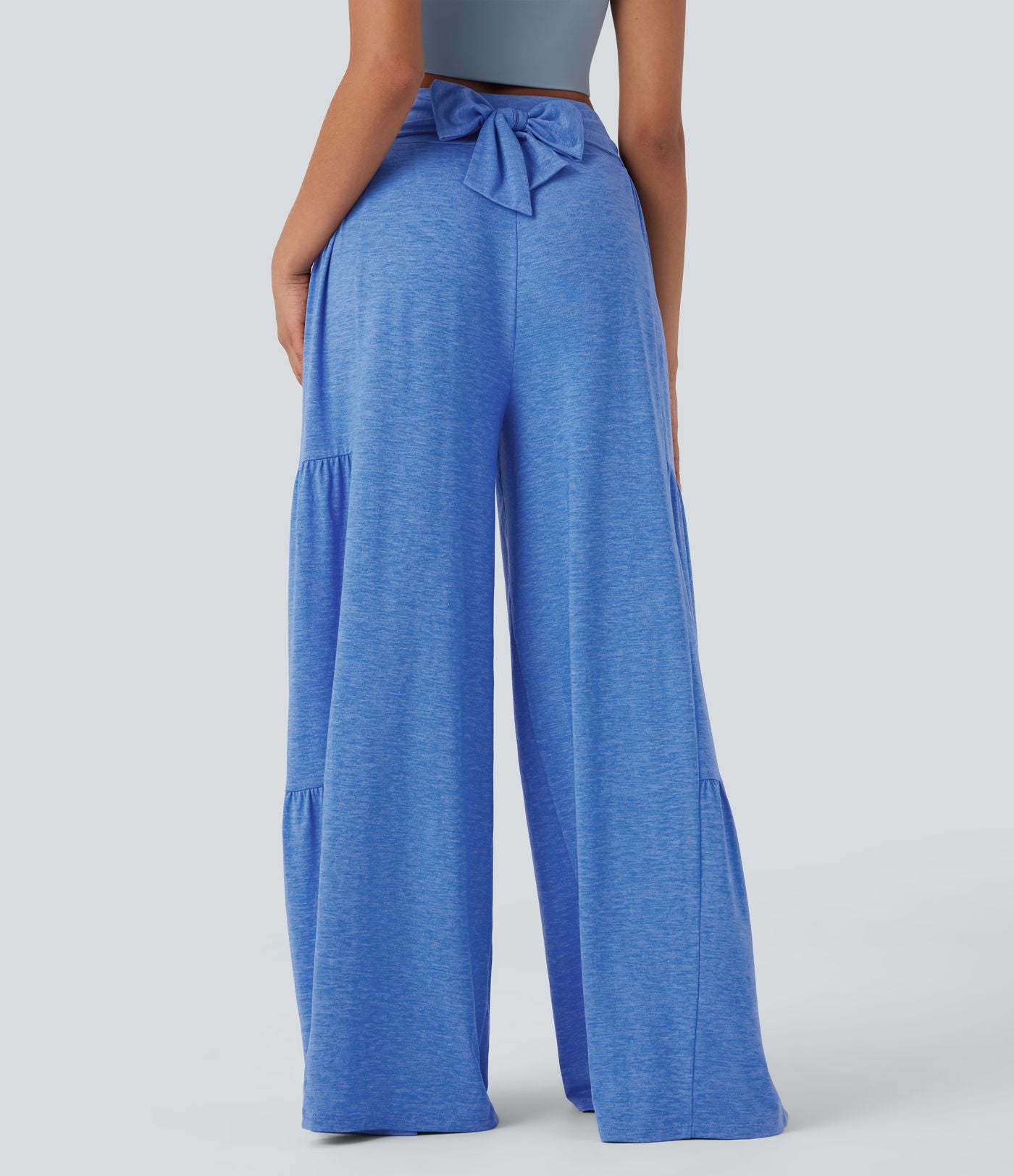 Pantalon danse large fluide taille haute smocké nœuds devant et dos