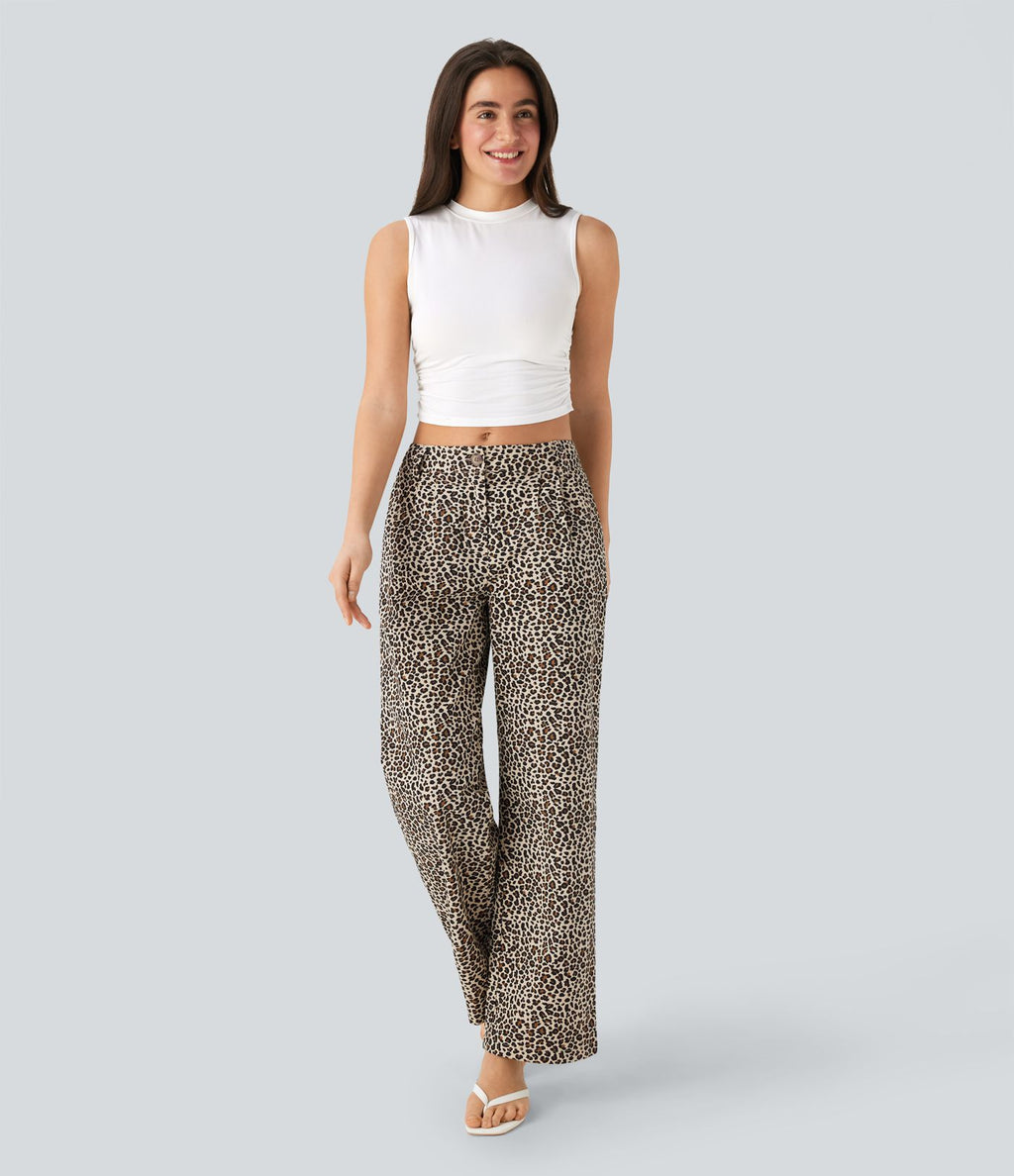 Pantalon décontracté en coton à jambe droite, taille moyenne, imprimé léopard avec poches