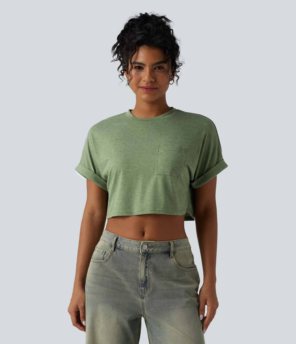 T-shirt décontracté court chiné col rond manches courtes coupe ample avec poche