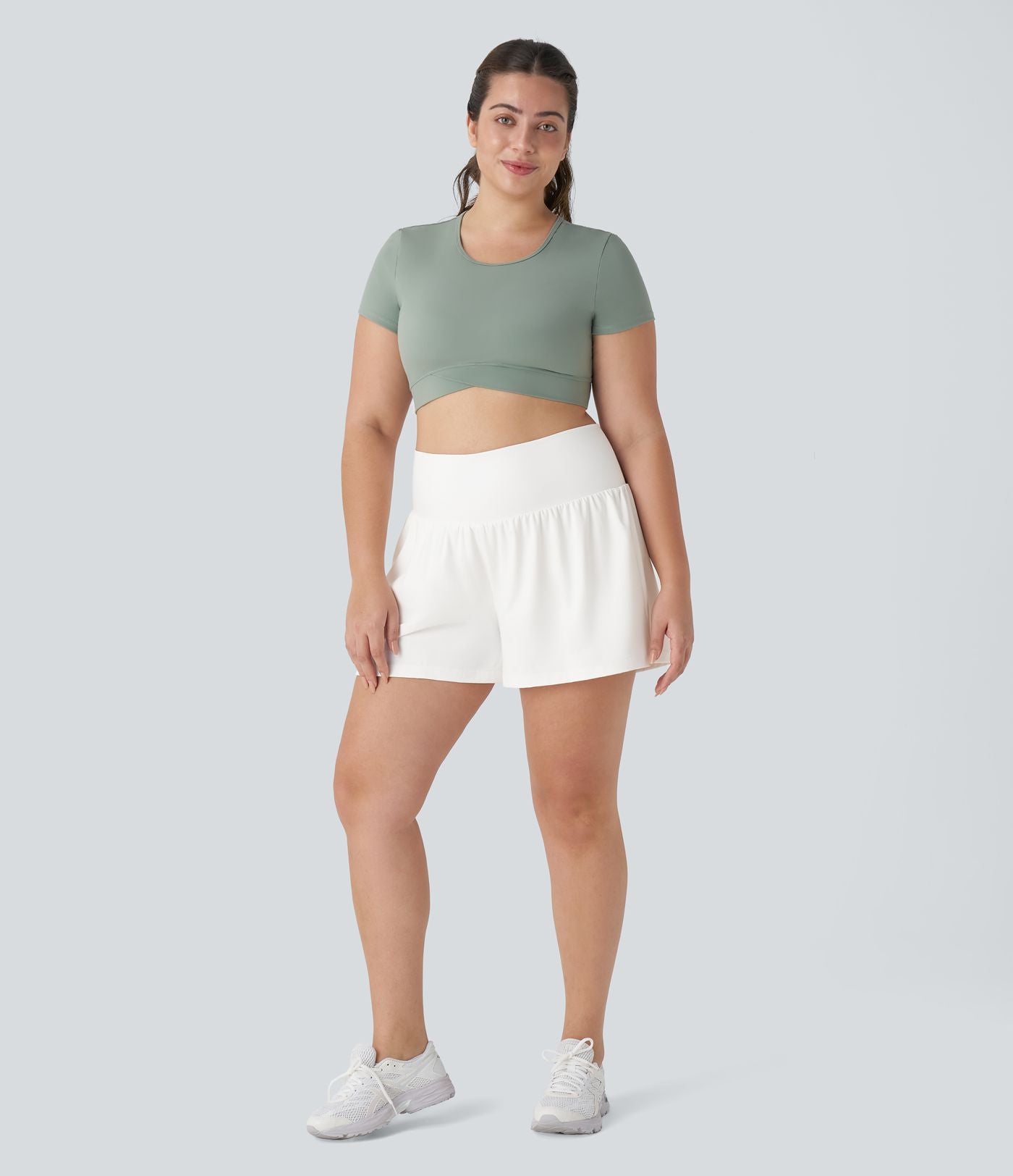 Short Yoga 10cm Plus Longue Taille Ultra Haute 2 en 1 Poche Arrière Poche Cachée Latérale Grande Taille