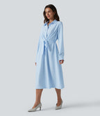 Robe chemise midi habillée à col, manches longues, lien à nouer devant et rayures