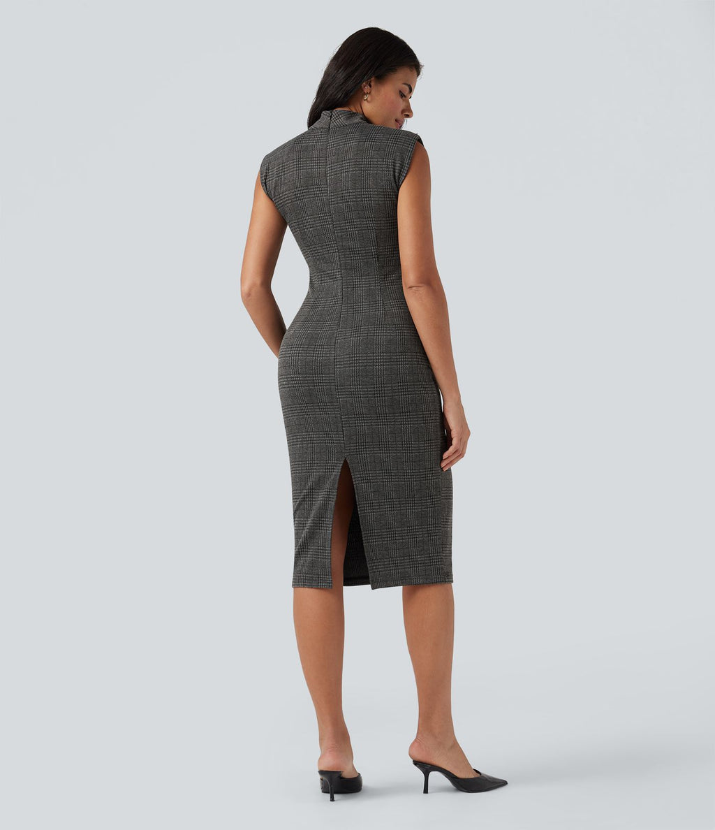 Robe de travail midi moulante sans manches col montant pied-de-poule à carreaux