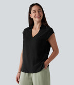 Chemisier tailleur en mélange de lin col V sans manches avec ourlet fendu