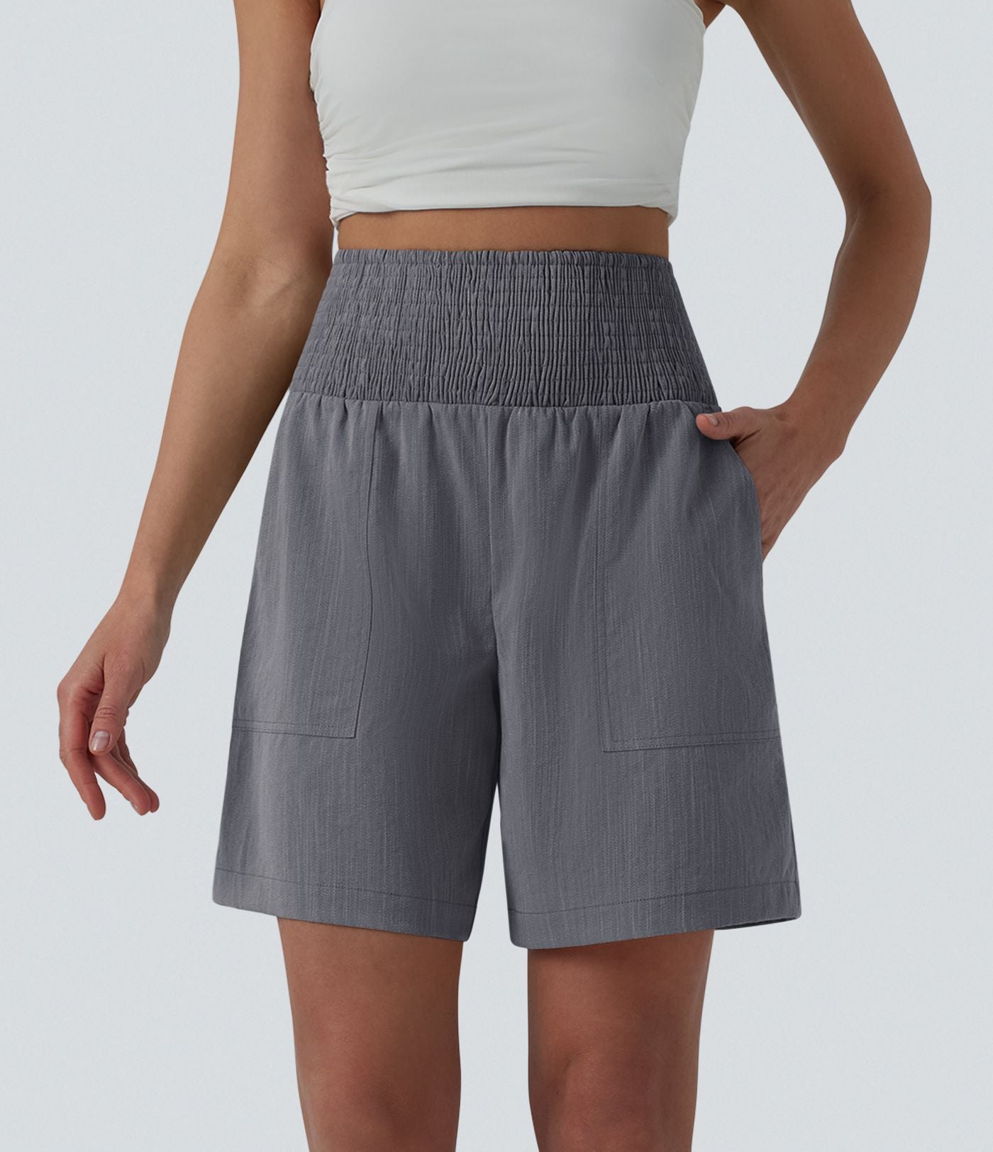 Bermuda casual aspect lin taille haute avec fronces 17,5 cm avec poches